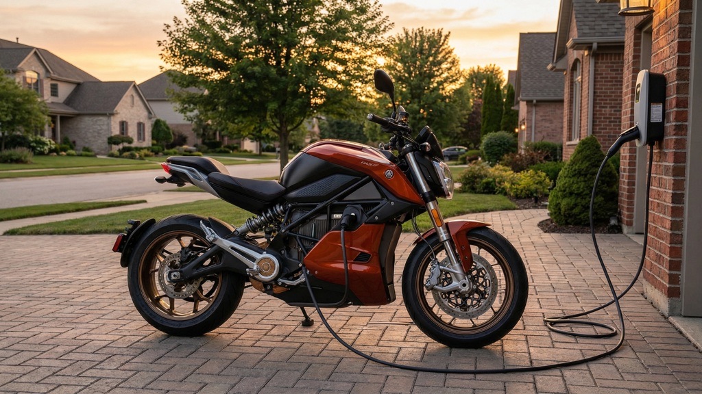 Electric Motorcycle Charging: Home vs Public (2026 Ultimate Rider Guide) 10 Electric Motorcycle Charging at Sunset