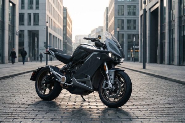 Electric motorcycle real-world range in 2026 shown in an urban riding environment