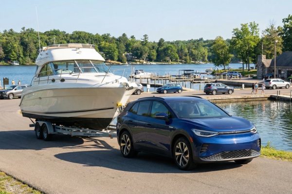 Electric SUV towing camper on highway