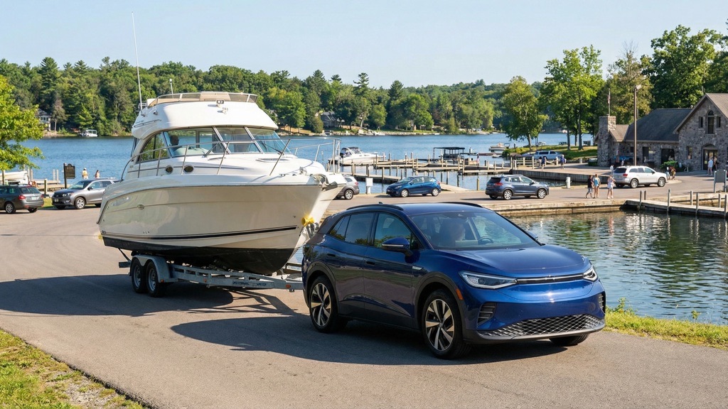 Electric SUV towing camper on highway