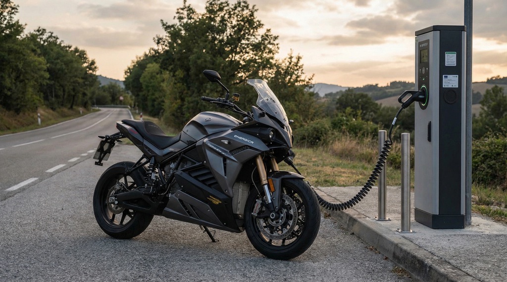 Energica Experia electric motorcycle charging at DC fast charger during tour