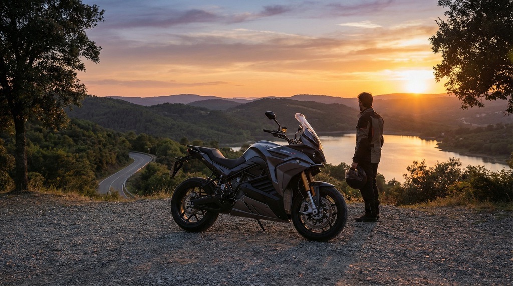 Energica Experia electric touring motorcycle at scenic overlook, concluding image