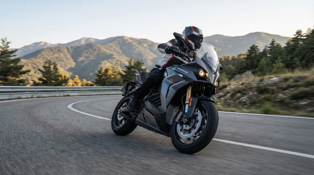 Energica Experia electric touring motorcycle cornering on mountain road