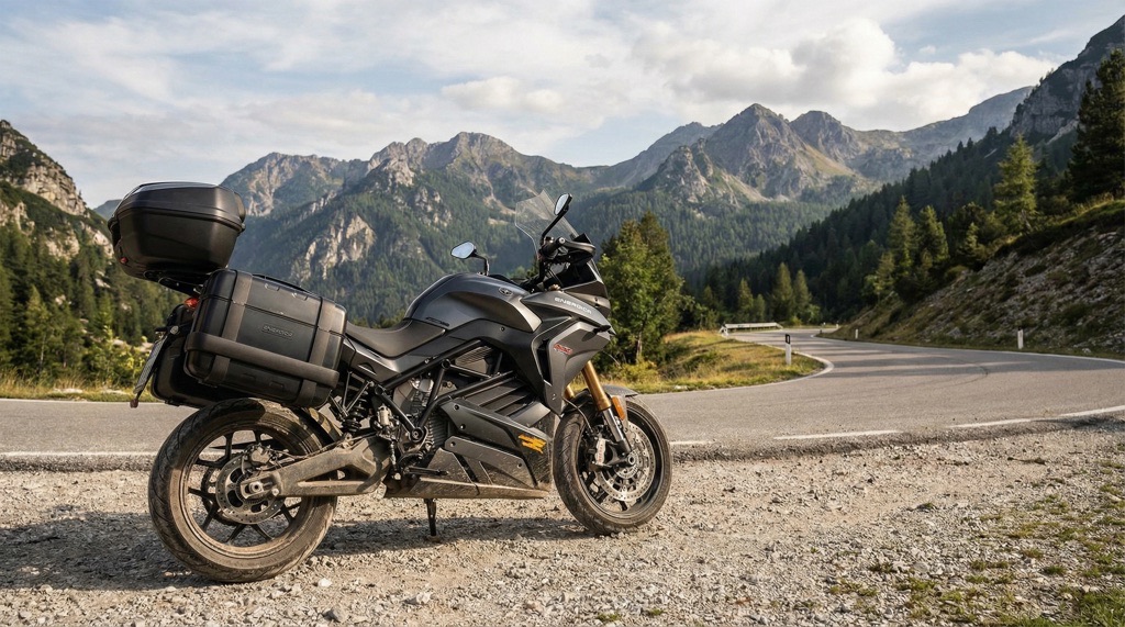 Energica Experia electric touring motorcycle with luggage in mountain touring environment