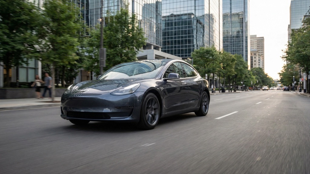 Tesla Model 3 driving in the city