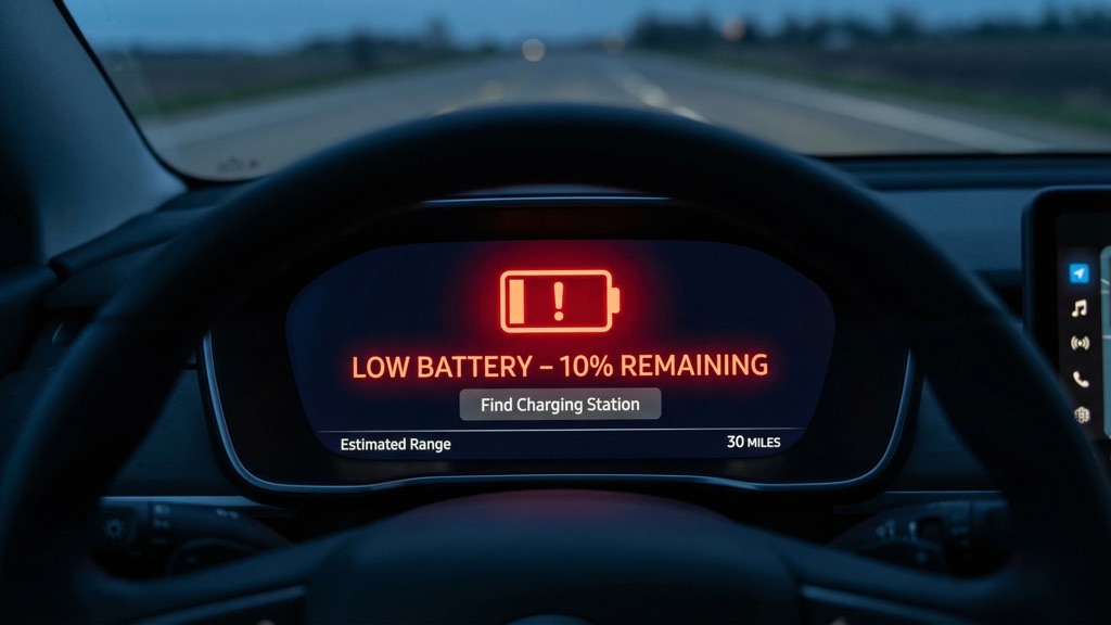 EV Dashboard Showing Low Battery Warning