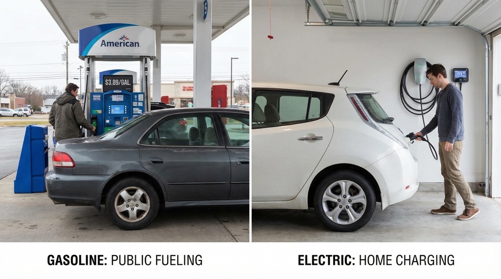 Comparison of used electric car charging at home and gas car refueling in the USA