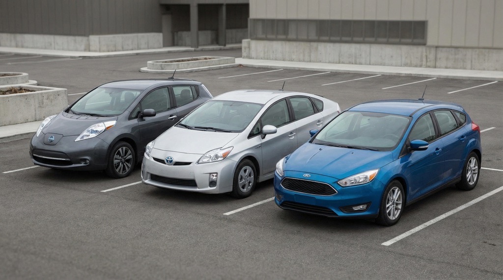 Used electric, hybrid, and gasoline cars side by side representing ownership choices in 2026