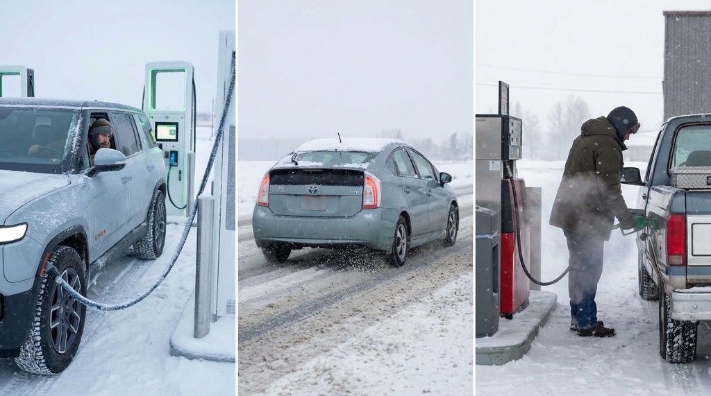 Electric, hybrid, and gasoline cars operating in winter and daily driving conditions