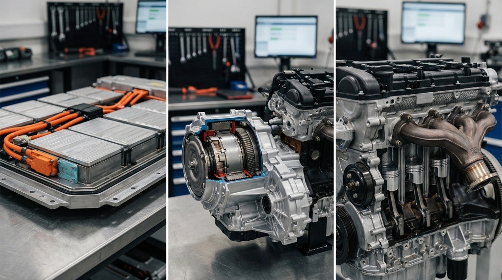 Comparison of electric vehicle battery, hybrid system, and gasoline engine components