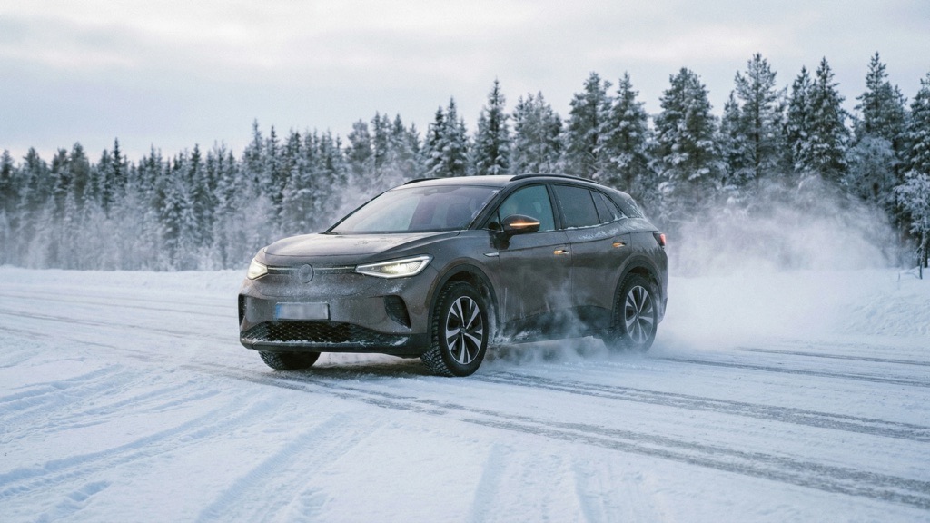 Electric SUV Driving in Deep Winter Conditions