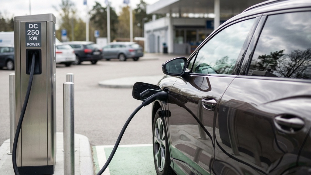 EV Using 250kW DC Fast Charger at Highway Station