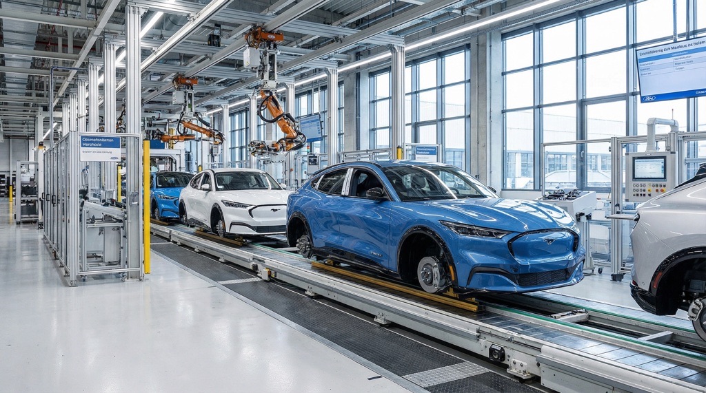 Ford electric vehicles on an assembly line inside the Cologne manufacturing plant