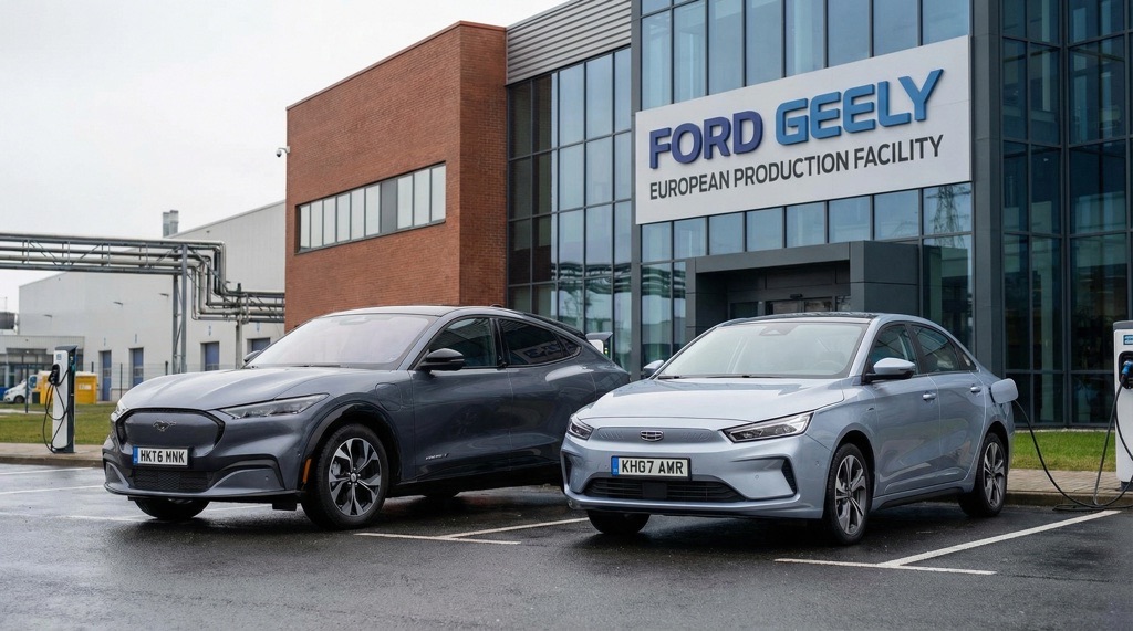 Ford and Geely electric vehicles positioned at a European manufacturing plant exterior