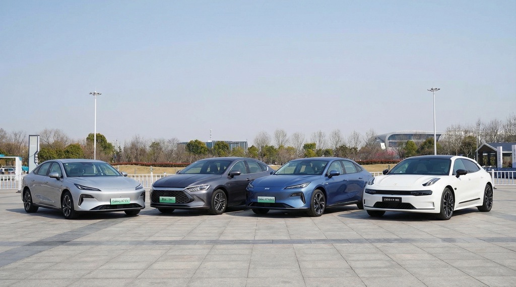 Geely Galaxy A7 EV vs BYD Qin L DM-i vs Geely Galaxy A7 Hybrid vs Zeekr 001 (EV example)