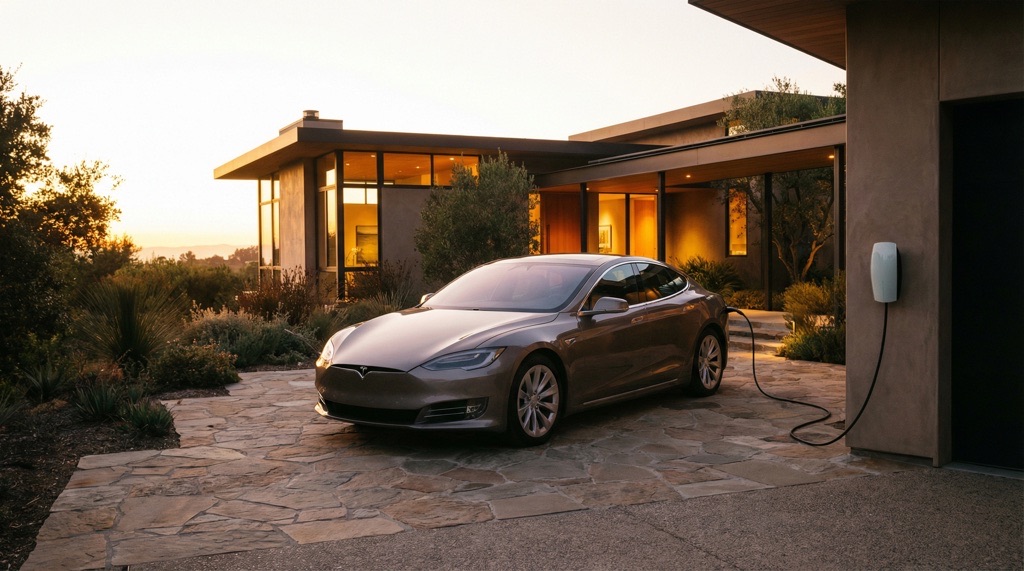 Tesla charging at home at sunset summarizing real charging cost benefits