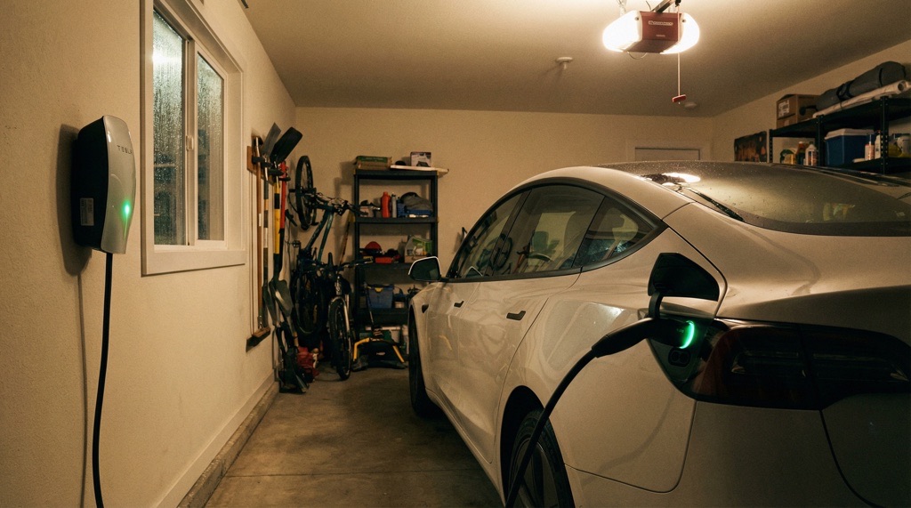 Tesla charging overnight at home representing low-cost charging
