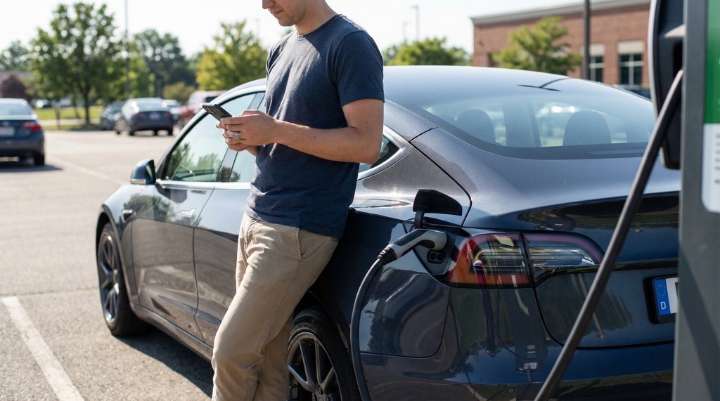 Tesla owner reviewing monthly charging costs on phone