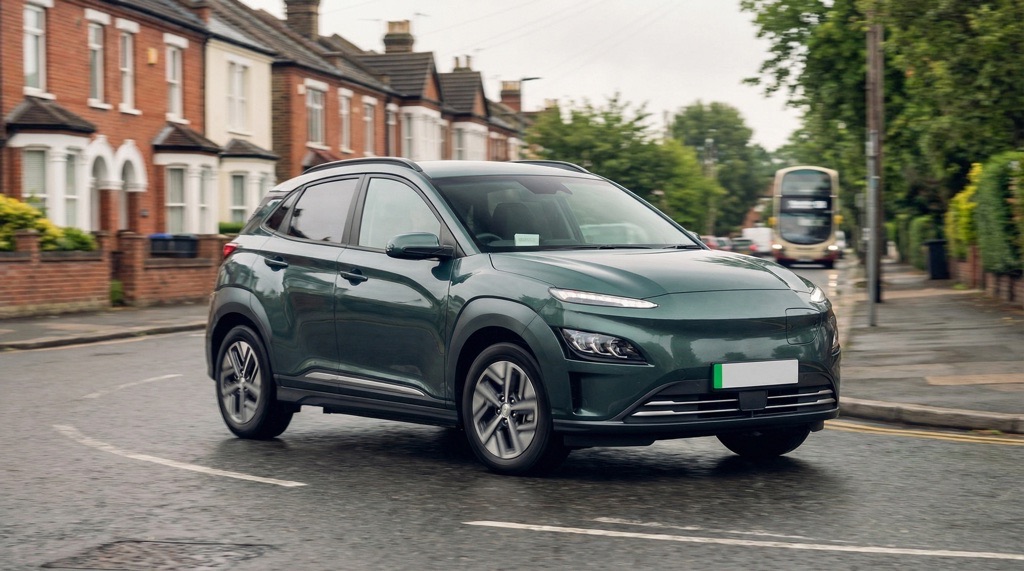 Hyundai Kona Electric driving in urban and suburban UK environmentsCaption: The Kona Electric prioritizes comfort and efficiency in everyday driving.