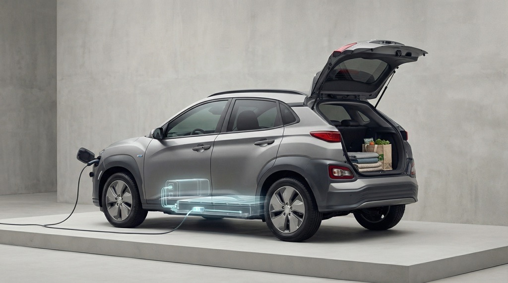 Hyundai Kona Electric highlighting battery, powertrain, and efficiencyCaption: The Kona Electric balances power, efficiency, and family-friendly usability.
