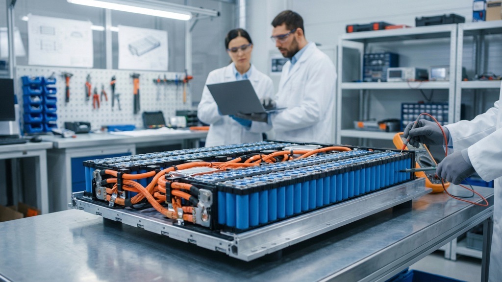 High-voltage battery pack from an electric SUV under inspection in automotive laboratory