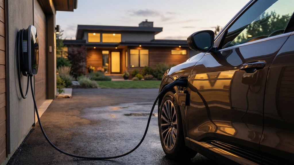 Electric SUV charging at home wallbox with charge limited to 90 percent as recall interim measure