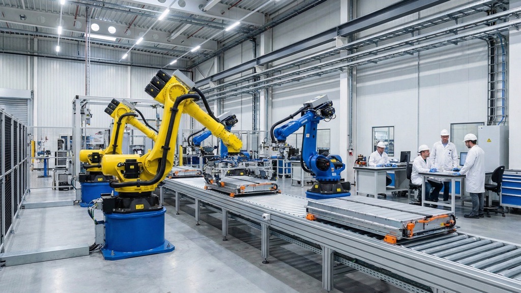 Modern factory producing hybrid liquid-solid-state EV battery packs