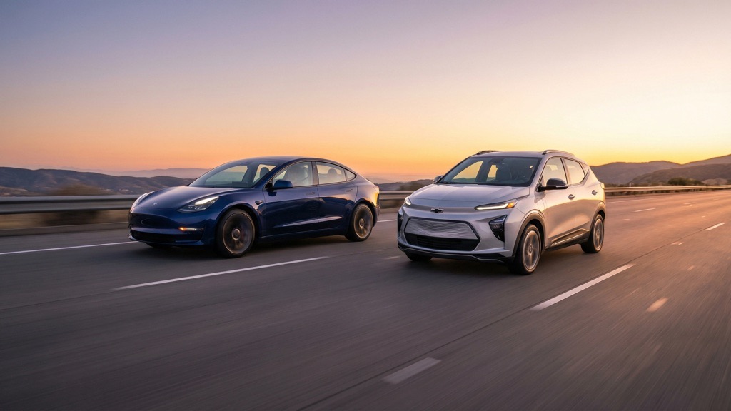 Best Electric Cars Under $25,000 (2026): The Smart Buyer’s Guide With Real Numbers 6 Tesla Model 3 vs Chevrolet Bolt EUV on the Highway