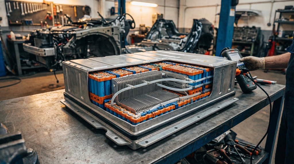 Electric vehicle battery pack showing thermal management and cell structure related to reliability