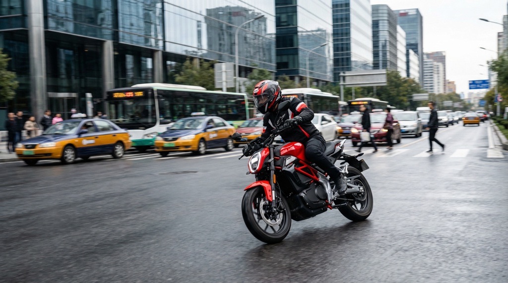 NIU RQi Sport electric motorcycle riding in urban traffic