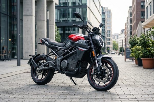 NIU RQi Sport electric motorcycle parked on a city street in daylight