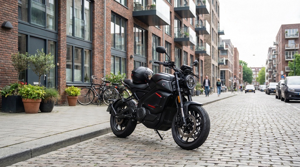 NIU RQi Sport electric motorcycle parked near apartment building