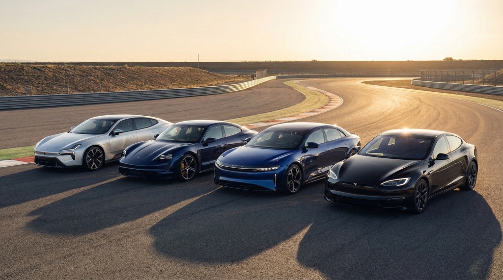 Polestar 5 Perf. vs Porsche Taycan TS vs Lucid Air Sapphire vs Tesla Model S Plaid