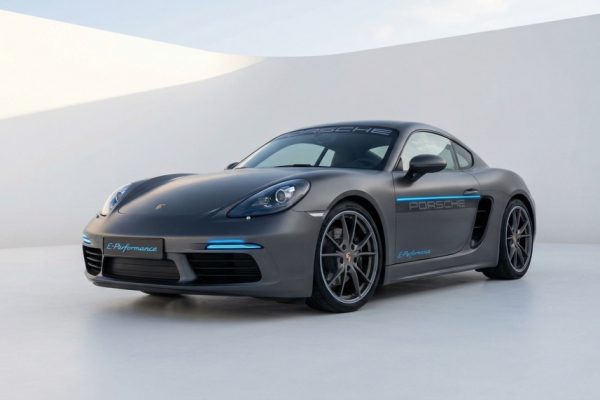 Front exterior view of a Porsche 718 Cayman electric prototype in studio lighting