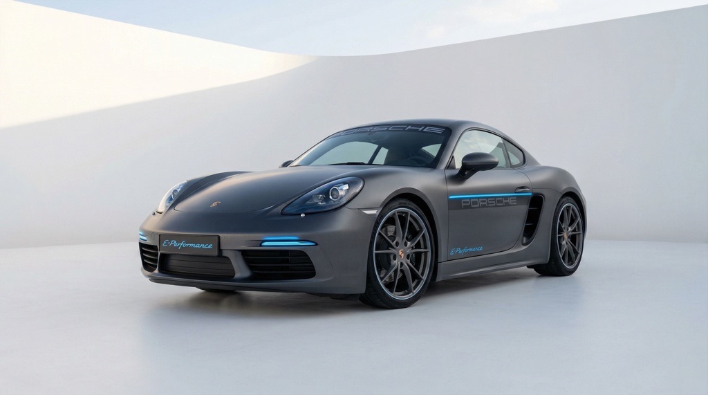 Front exterior view of a Porsche 718 Cayman electric prototype in studio lighting