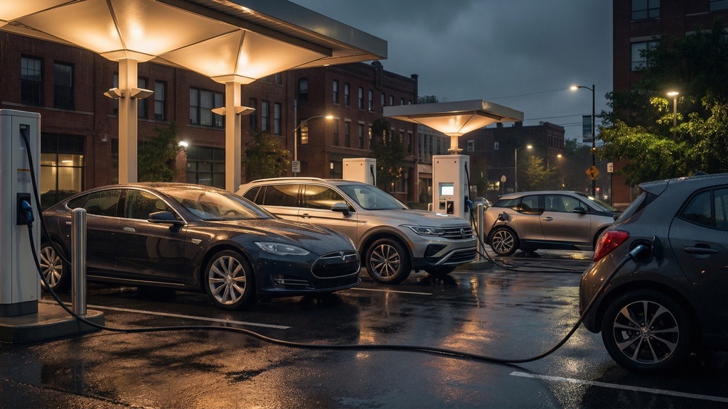 Public DC Fast Charging Station at Night