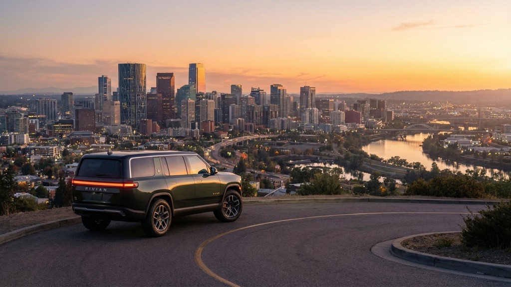 Rivian electric SUV at sunset symbolizing Rivian 2025 gross profit turnaround and future growth potential