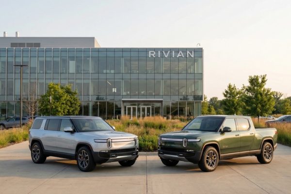 Rivian R1S and R1T outside manufacturing plant representing Rivian 2025 gross profit turnaround