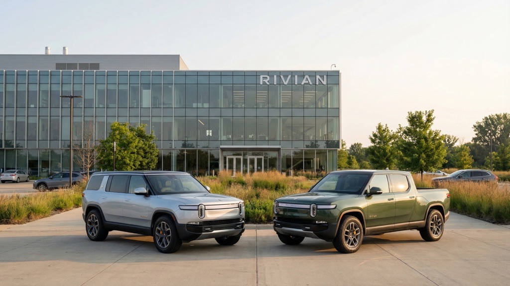 Rivian R1S and R1T outside manufacturing plant representing Rivian 2025 gross profit turnaround