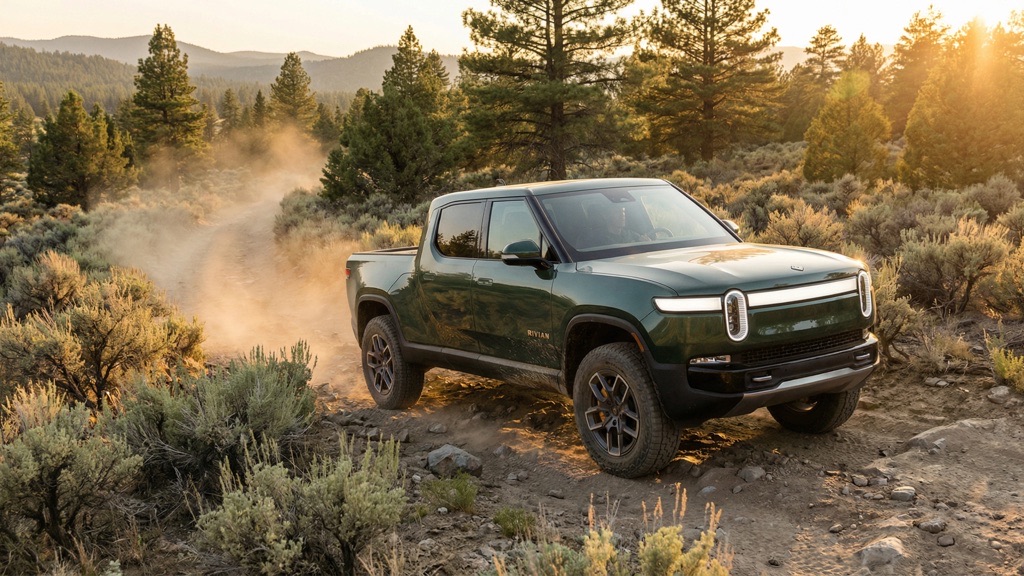 Rivian R1T electric truck highlighting Rivian automotive background and product lineup