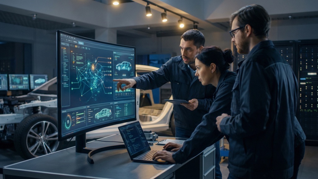 Engineers developing automotive software representing Rivian software and services revenue growth