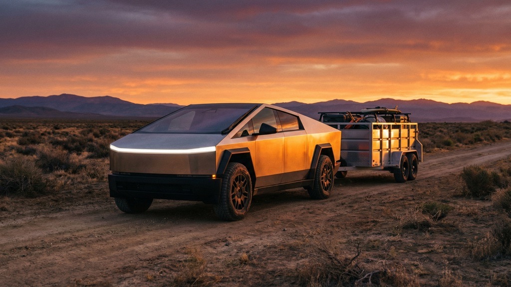 Tesla Cybertruck Problems: Advantages, Risks and What Buyers Must Know in 2026 12 Cybertruck Towing at Sunset