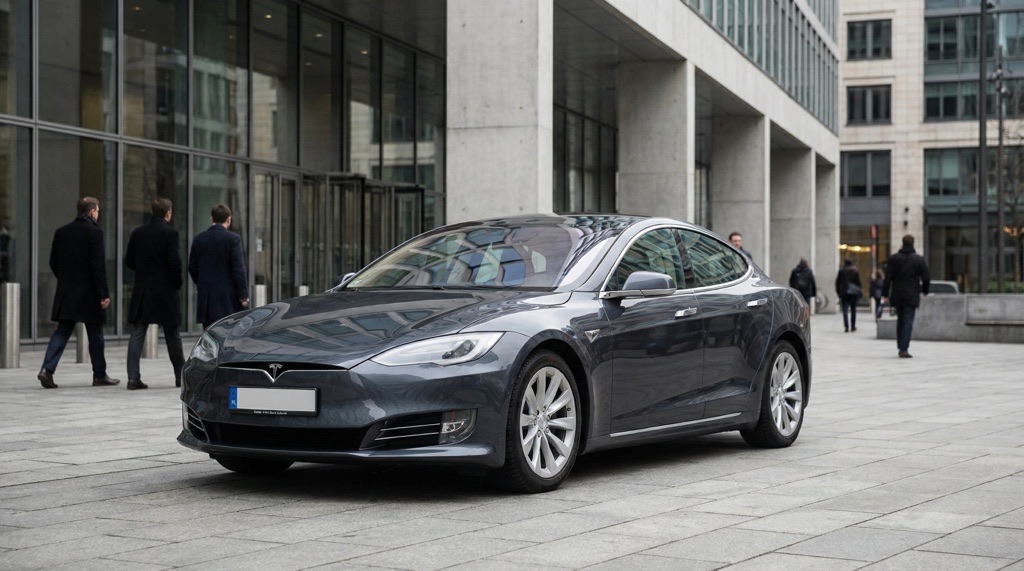 Tesla from the US photographed in a modern city environment in 2026