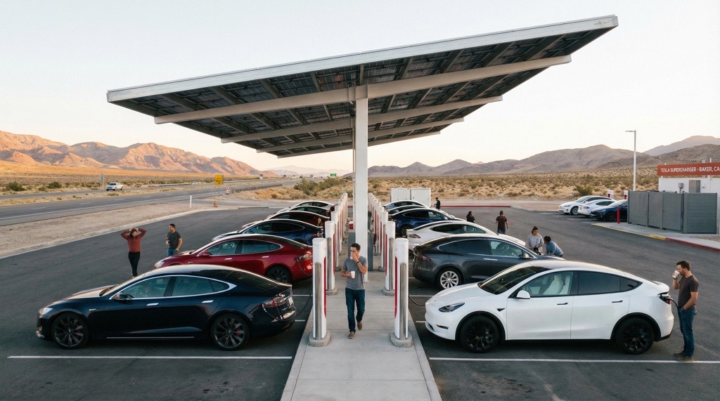 Tesla from the US charging at a Supercharger station in North America