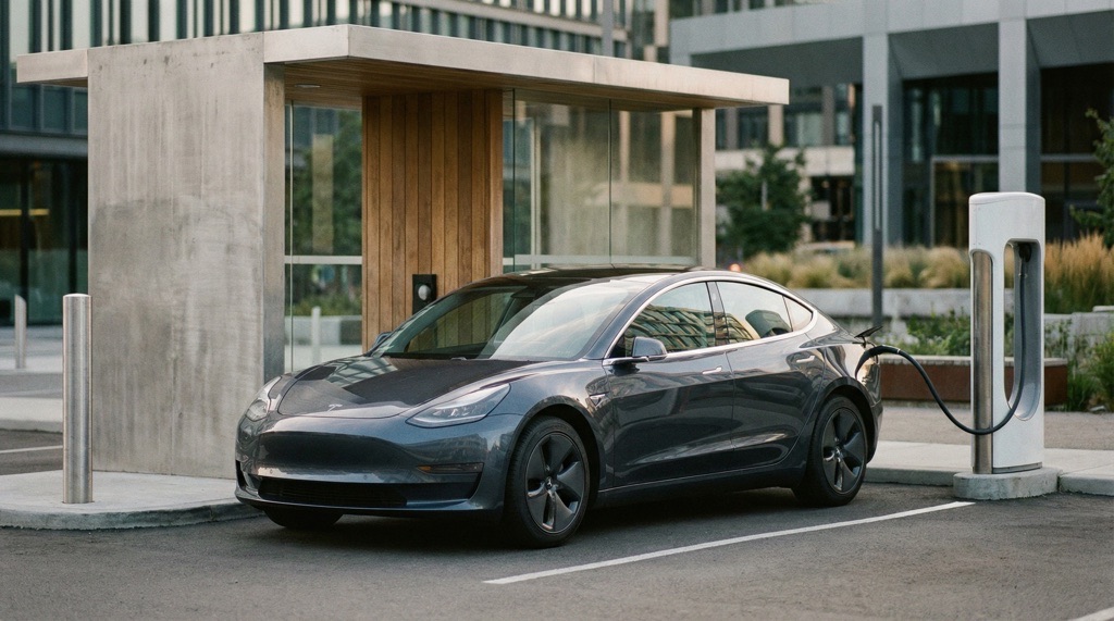 Tesla Model 3 Highland charging at a fast DC charger in real-world conditions