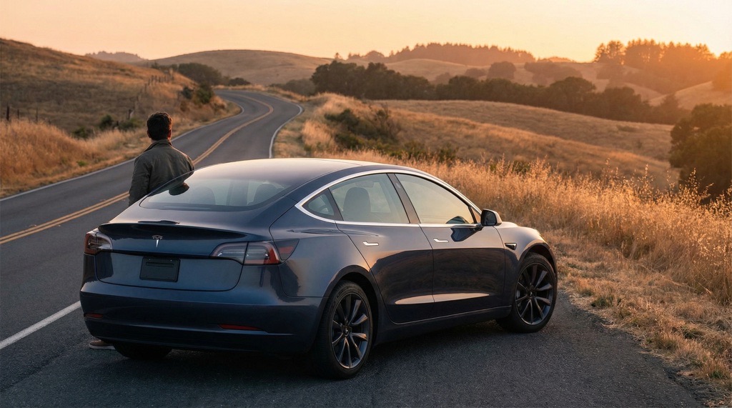 Tesla Model 3 Highland at sunset symbolizing real-world ownership and long-term value