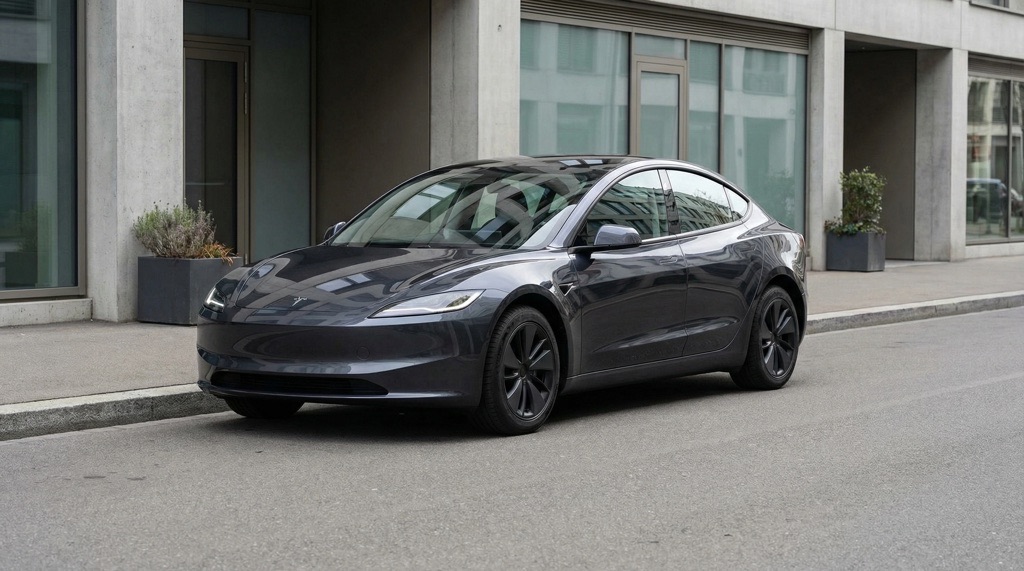 Tesla Model 3 Highland refresh photographed in real-world urban conditions, 2026 review