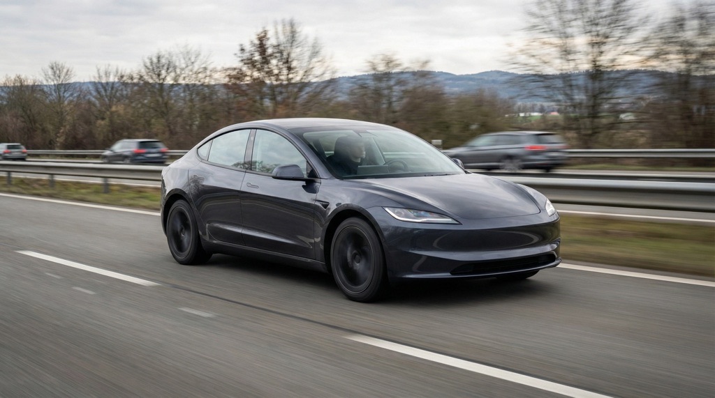Tesla Model 3 Highland driving at highway speed showing aerodynamic efficiency