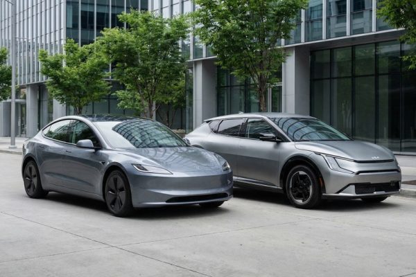 Tesla Model 3 and Kia EV4 electric sedans parked side by side for 2026 comparison