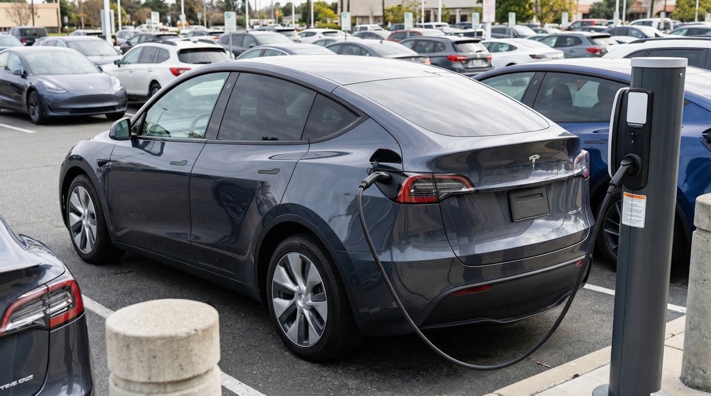Tesla Model Y AWD connected to fast charging station
